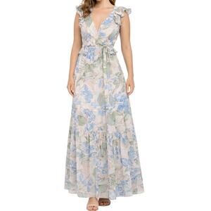 Big Water Blue Sky Pink Blue Green Floral Flutter Tie Back Maxi Dress S NEW Tags